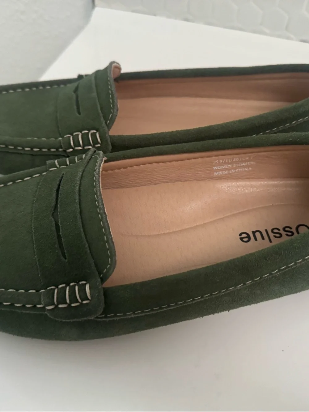 Womens Olive Suede Penny Loafers - Slip-On Comfort